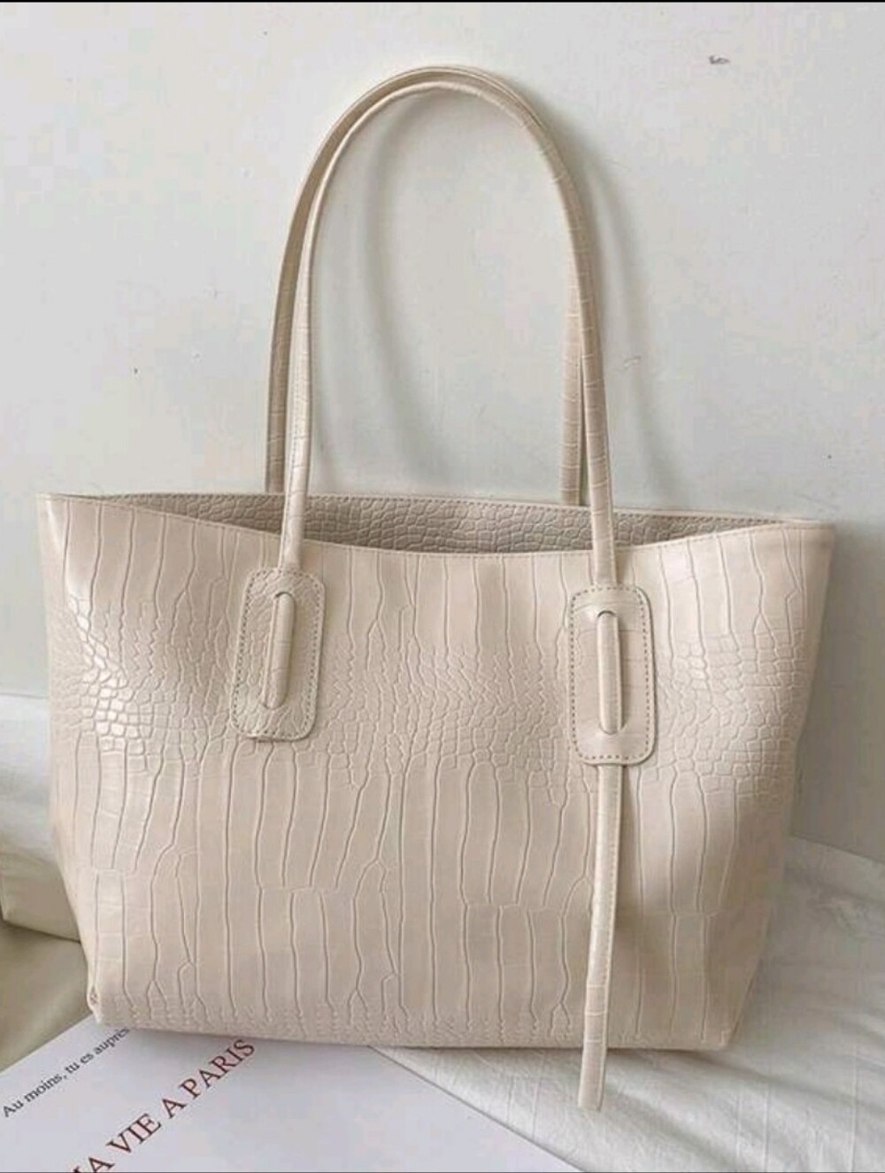 Classic Cream Croc-Embossed Tote Bag